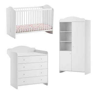 Ensemble de chambre bébé Megeve Blanc de la marque Vox, comprenant un lit bébé avec barreaux basculant, adapté pour un matelas 60x120 cm, une commode avec plan à langer et une armoire spacieuse avec étagères ouvertes et portes, alliant design épuré et pra