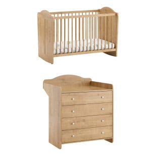 Ensemble Megeve en finition Oak (décor bois chêne naturel) de la marque Vox, comprenant un lit bébé à bascule 60x120 et une commode avec plan à langer intégré. Un design chaleureux et pratique pour une chambre d'enfant élégante.