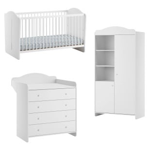 Ensemble de chambre bébé Megeve finition blanche de la marque Vox, comprenant un lit évolutif convertible en banquette et lit junior pour matelas 70x140 cm, une commode à langer, et une armoire avec étagères ouvertes et fermées, idéal pour une chambre élé