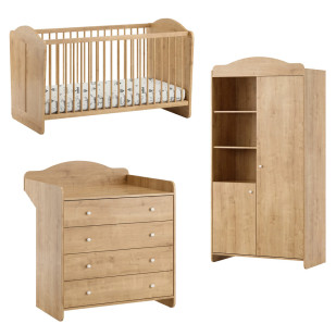 Pack TRIO lit bébé 70x140 + commode, armoire bois naturel Megeve Oak, style vintage par Vox, disponible chez le Jurassien