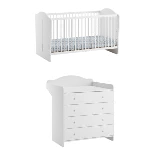 Ensemble Megeve blanc de la marque Vox, comprenant un lit bébé évolutif pour matelas 70x140 cm et une commode avec plan à langer intégré. Un design élégant et fonctionnel idéal pour une chambre d'enfant lumineuse.