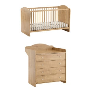 Ensemble meuble bébé Megeve en finition Oak (décor bois chêne naturel) de la marque Vox, comprenant un lit bébé évolutif pour matelas 70x140 cm et une commode avec plan à langer intégré. Idéal pour un espace chaleureux et pratique.