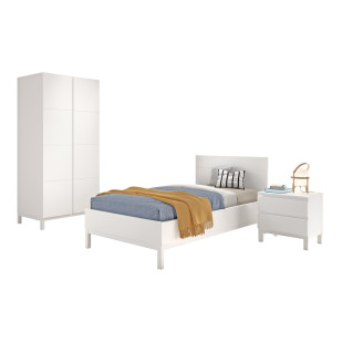 Chambre enfant complète EVA avec lit 90x200 cm, chevet 2 tiroirs et armoire 2 portes, ensemble blanc au design épuré.