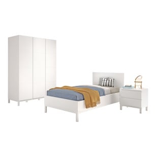 Pack chambre enfant EVA avec cadre de lit 90x200 cm, chevet à tiroirs et armoire 3 portes en bois blanc moderne