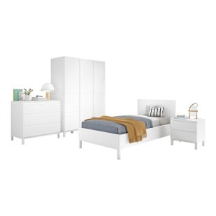 Chambre complète EVA pour enfant avec lit 90x200 cm, table de chevet, commode et grande armoire 3 portes, finition blanche épurée idéale pour une déco moderne et fonctionnelle.