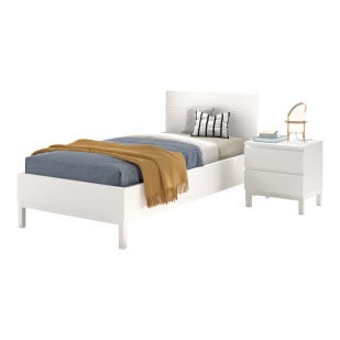 Pack chambre enfant EVA avec lit blanc 90x200 cm et table de chevet assortie.