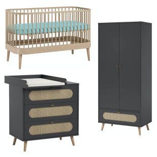 Pack TRIO chambre bébé noir et bois avec lit Paris en bois massif, design contemporain et cannage rotin par VOX - Jurassien.`