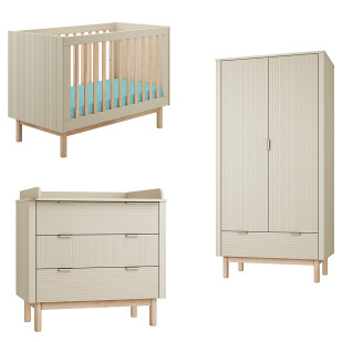 Chambre bébé complète Miloo champagne avec lit 60x120 évolutif, commode à langer et armoire 2 portes Pinio