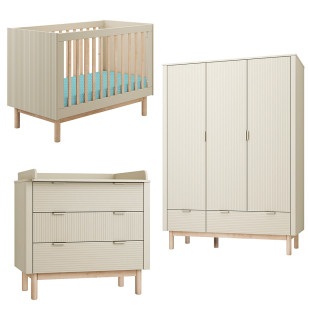 Pack Trio chambre bébé Miloo champagne avec lit 60x120, commode à langer et armoire 3 portes Pinio