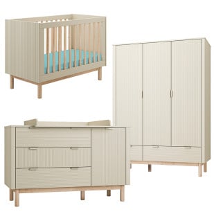 Chambre bébé complète avec lit bébé 60x120 convertible, 1 large commode à langer et une grande armoire 3 portes de la collection Miloo de Pinio