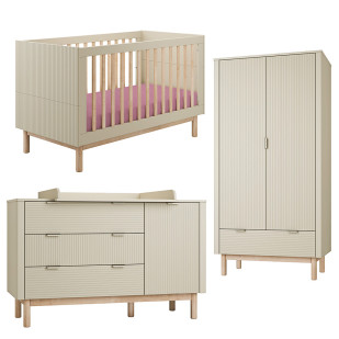 Pack Trio chambre bébé Miloo Pinio coloris champagne avec lit évolutif 70x140, commode à langer et armoire 2 portes assortie