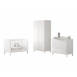 Pack mobilier chambre bébé EVA blanc avec lit 60x120, commode à langer 3 tiroirs et armoire 2 portes – design épuré signé Vipack