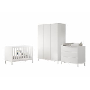 Chambre bébé blanche complète Pack TRIO EVA avec lit à barreaux 60x120 cm, commode à langer et grande armoire 3 portes – design épuré et modulable pour une chambre harmonieuse et pratique.