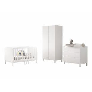 Chambre bébé complète EVA blanche avec lit évolutif 70x140, armoire 2 portes et commode à langer – mobilier design sur fond blanc