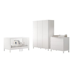 Chambre bébé complète Pack TRIO EVA blanche avec lit évolutif 70x140, commode à langer et armoire 3 portes – Réf. EVCO2514, vue produit sur fond blanc.