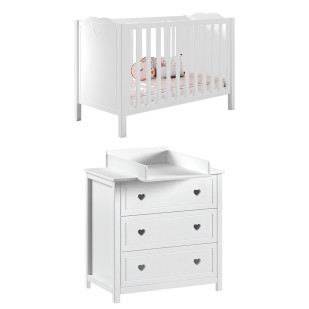 Chambre bébé cœur Amori blanc bois massif, lit 60x120 et commode à langer. Disponible chez Le Jurassien, marque Jaxx.