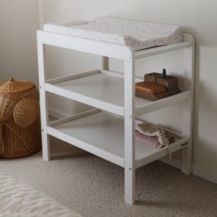 Table à langer Woodies blanche avec matelas à motif fleuri – modèle élégant avec rangements pour chambre bébé contemporaine