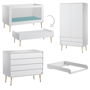 Trio chambre bébé complète évolutive VOX Bosque blanche avec lit bébé 70x140 évolutif + commode à langer + armoire avec tiroirs et 2 portes battantes.