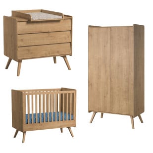 Pack trio chambre bébé avec lit 60x120 cm, commode à langer et armoire 2 portes collection Vintage de la marque Vox, finition chêne en bois massif et panneau