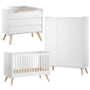 Pack Trio chambre bébé Vintage blanche avec lit 70x140 + commode à langer + armoire 3 portes de la marque VOX