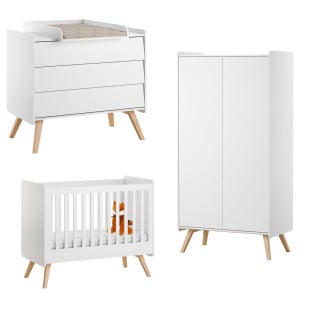 Pack trio chambre bébé avec lit 60x120 cm, commode à langer et armoire 2 portes collection Vintage de la marque Vox, finition blanche avec pieds en bois de chêne massif