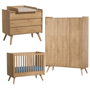 Pack chambre bébé Vintage VOX finition chêne – lit 60x120, commode à langer et armoire 3 portes coordonnées