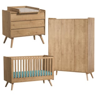 Pack chambre bébé Vintage VOX en bois chêne avec lit évolutif 70x140, commode à langer et armoire 3 portes