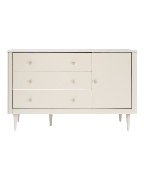 Meuble de rangement enfant Petite Lune Pinio, grande commode champagne à tiroirs et porte, style scandinave
