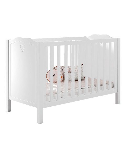 Lit bébé Coeur Amori de Jaxx blanc en bois massif 60x120, design romantique avec cœur gravé - Disponible chez Jurassien