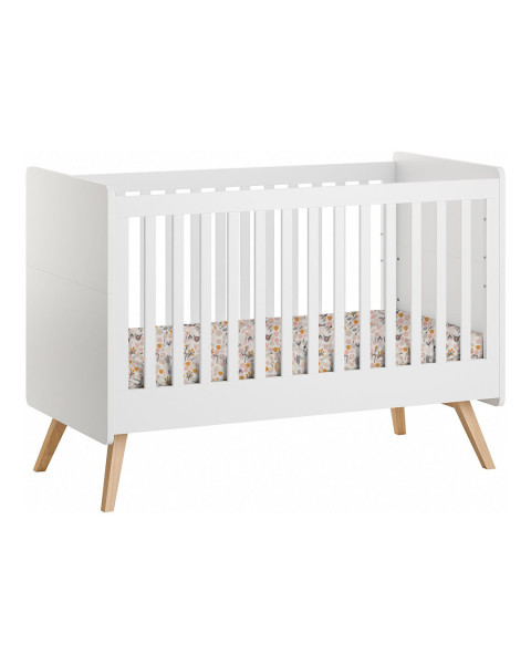 Lit bébé 70x140 cm de la collection Vintage Vox, finition blanche avec pieds en bois massif de chêne, idéal pour une chambre bébé évolutive