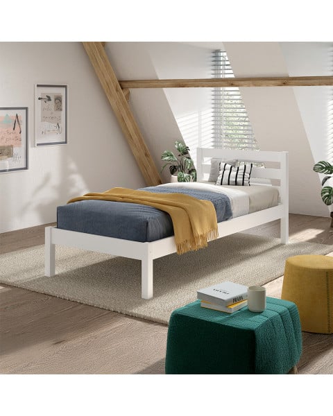 Lit enfant simple blanc Pino en bois massif, design scandinave par Vipack, disponible sur Jurassien.