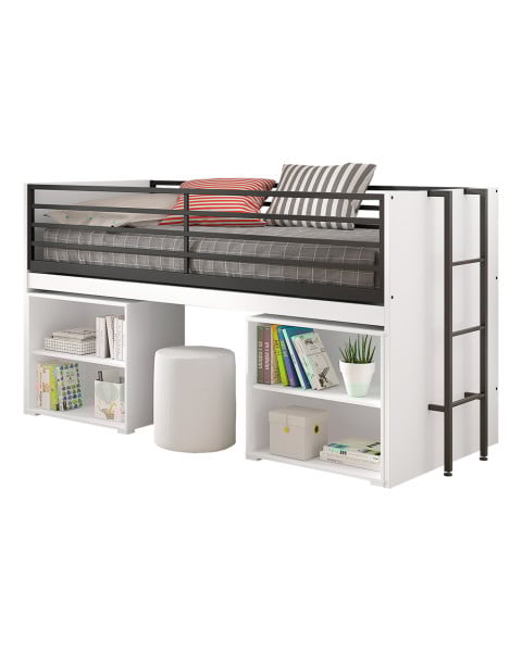 Lit mi-hauteur blanc avec cube de rangements et bureau extensible, Sam par Vipack. Idéal pour petits espaces. Disponible chez Jurassien.