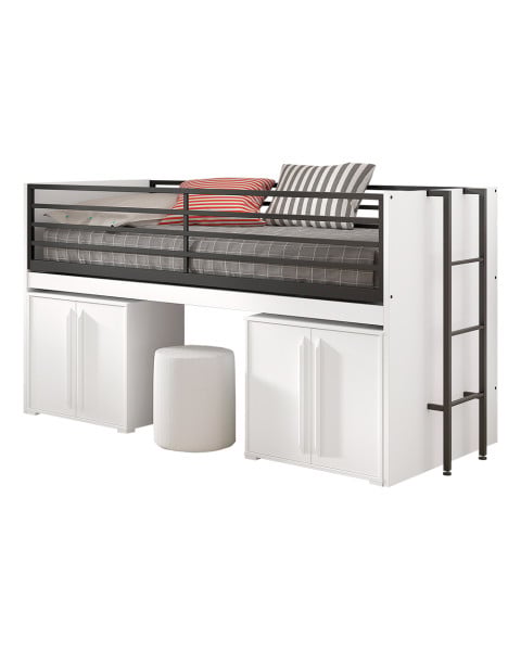 Lit mi-haut blanc avec caisson placard 2 portes et bureau déployable, design Sam optimisé - Disponible chez Jurassien, marque Vipack