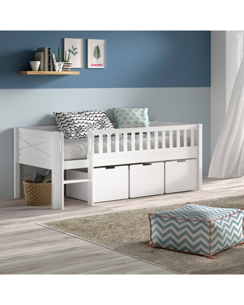 Lit surélevé blanc avec bacs de rangements Scott en bois massif par Vipack - Espace optimisé pour enfants - Disponible chez Jurassien