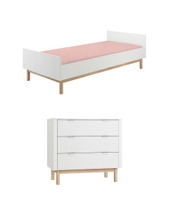 Lit enfant 90x200 et commode 3 tiroirs Miloo blanc et bois avec façades striées – mobilier design pour chambre d’enfant Pinio
