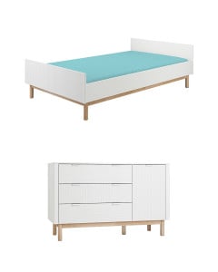 Pack duo chambre enfant Miloo blanc et bois – lit 120x200 cm et grande commode avec façades striées en bois massif Pinio