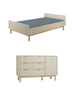 Pack duo Miloo de Pinio pour chambre enfant ou ado, coloris champagne et bois naturel, comprenant un lit 120x200 cm avec sommier et une grande commode à trois tiroirs et une porte
