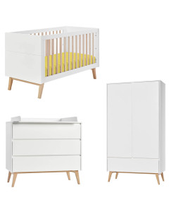 Pack chambre bébé évolutive Swing Pinio : lit 70x140, commode à langer 3 tiroirs et armoire 2 portes en bois blanc et naturel