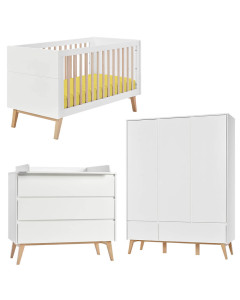 Pack chambre bébé évolutive Swing Pinio avec lit 70x140, commode à langer et armoire 3 portes bois et blanc