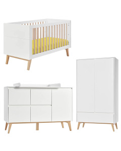 Ensemble de mobiliers bébé Swing blanc et bois avec un lit bébé évolutif 70x140, une grande commode à langer évolutif et une armoire deux portes