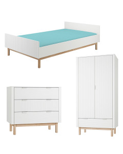 Pack trio chambre enfant Miloo blanc et bois – lit 90x200 cm, commode 3 tiroirs et armoire 2 portes assortie avec façades striées design