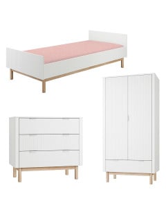 Pack trio chambre enfant Miloo blanc et bois – lit 90x200 cm, commode 3 tiroirs et armoire 2 portes avec façades striées en bois massif Pinio