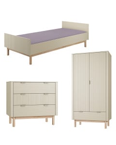 Pack Trio Miloo champagne : lit 90x200, commode 3 tiroirs et armoire 2 portes assortis – mobilier enfant et ado design