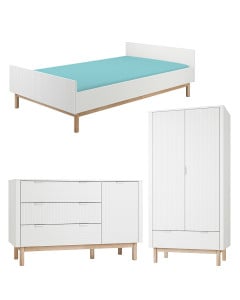 Pack Trio chambre enfant Miloo blanc avec lit 120x200 + grande commode + armoire 2 portes