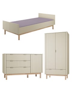 Chambre enfant Miloo coloris champagne – lit 90x200 avec armoire 2 portes et grande commode assortie