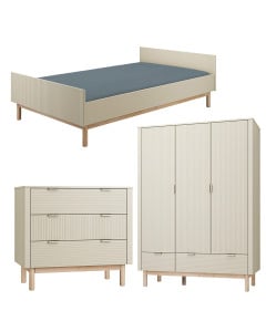 Pack chambre enfant Miloo champagne – lit 120x200, commode 3 tiroirs et armoire 3 portes assortis