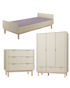 Pack chambre enfant Miloo champagne avec lit 90x200, commode 3 tiroirs et armoire 3 portes – mobilier Pinio au design rainuré