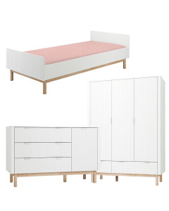 Pack trio chambre enfant Miloo blanc et bois massif avec lit 90x200, grande commode 3 tiroirs + 1 porte et armoire 3 portes aux façades striées design