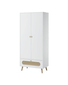 Armoire Canne Vox blanche avec cannage rotin, 2 portes et 1 tiroir, design boho, mobilier bébé et enfant - Jurassien