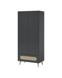 Armoire Canne Vox noir et cannage rotin, bois massif, 2 portes 1 tiroir, style contemporain. Disponible chez Jurassien.